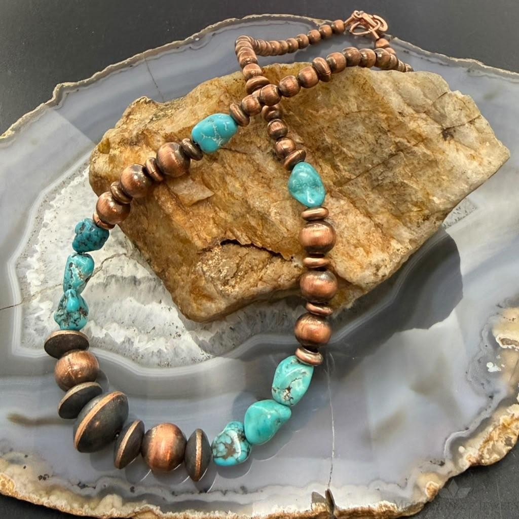 Southwestern Style Copper 4.5-14mm Navajo Pearl&Natural Hubei Turquoise Necklace For Women