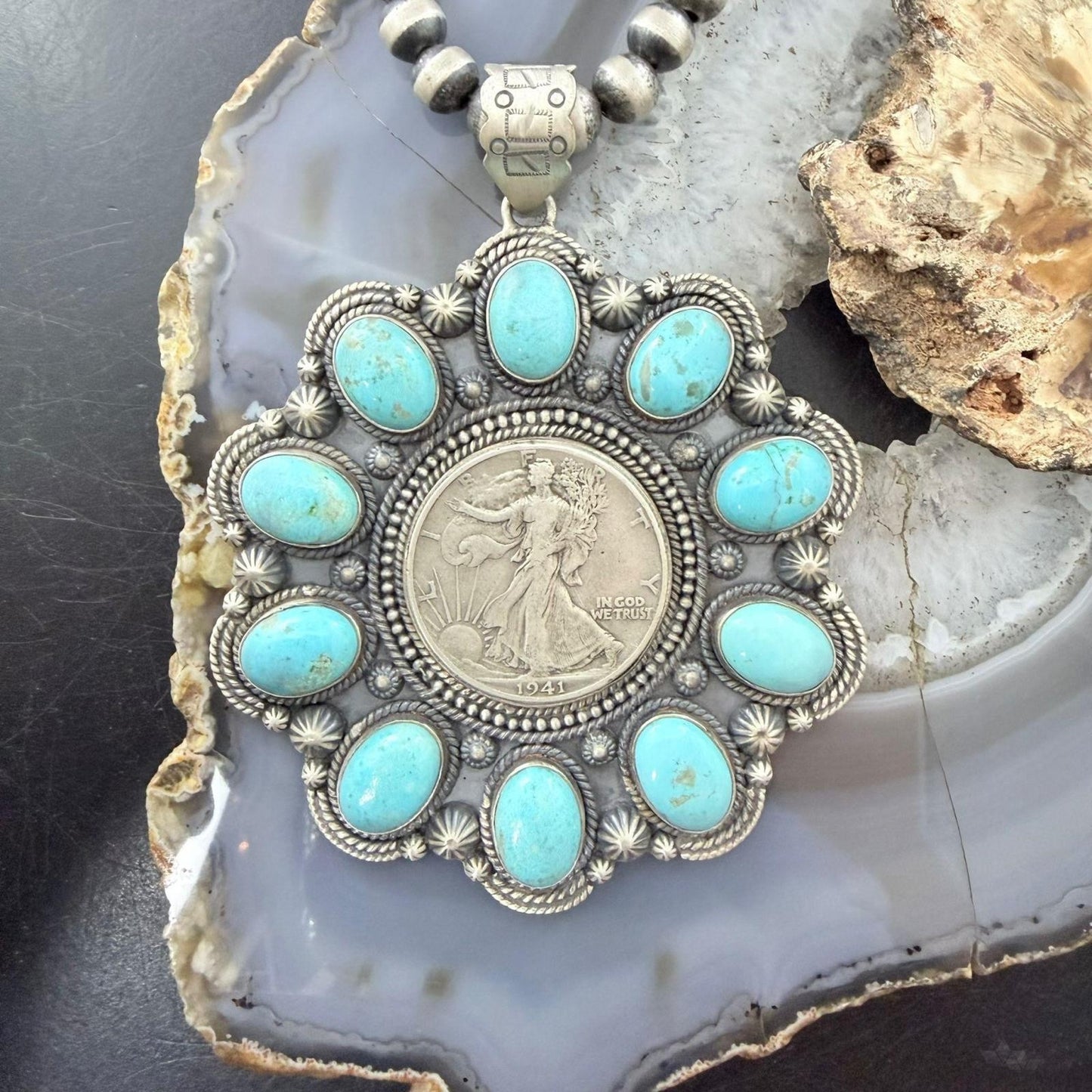 Genuine 1941 90% Silver Walking Liberty Half Dollar Coin w/Turquoise Unisex Pendant