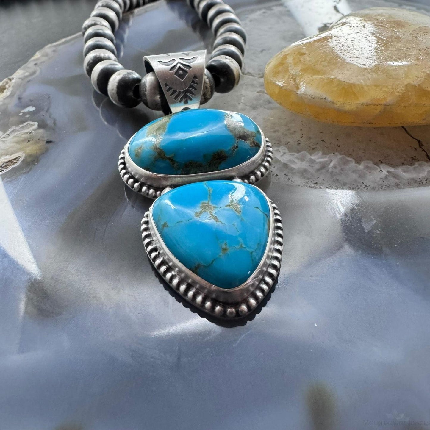 Native American Sterling Silver 2 Turquoise Decorated Pendant For Women