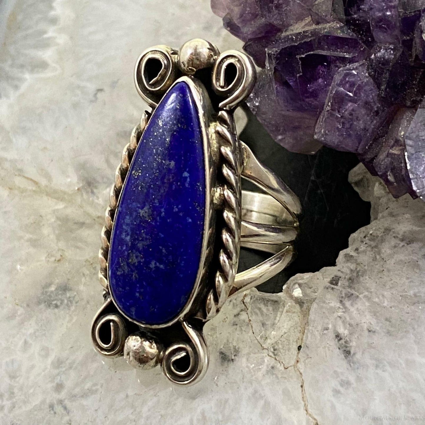 Native American Sterling Silver Lapis Decorated Teardrop Ring SZ 5.75 For Women