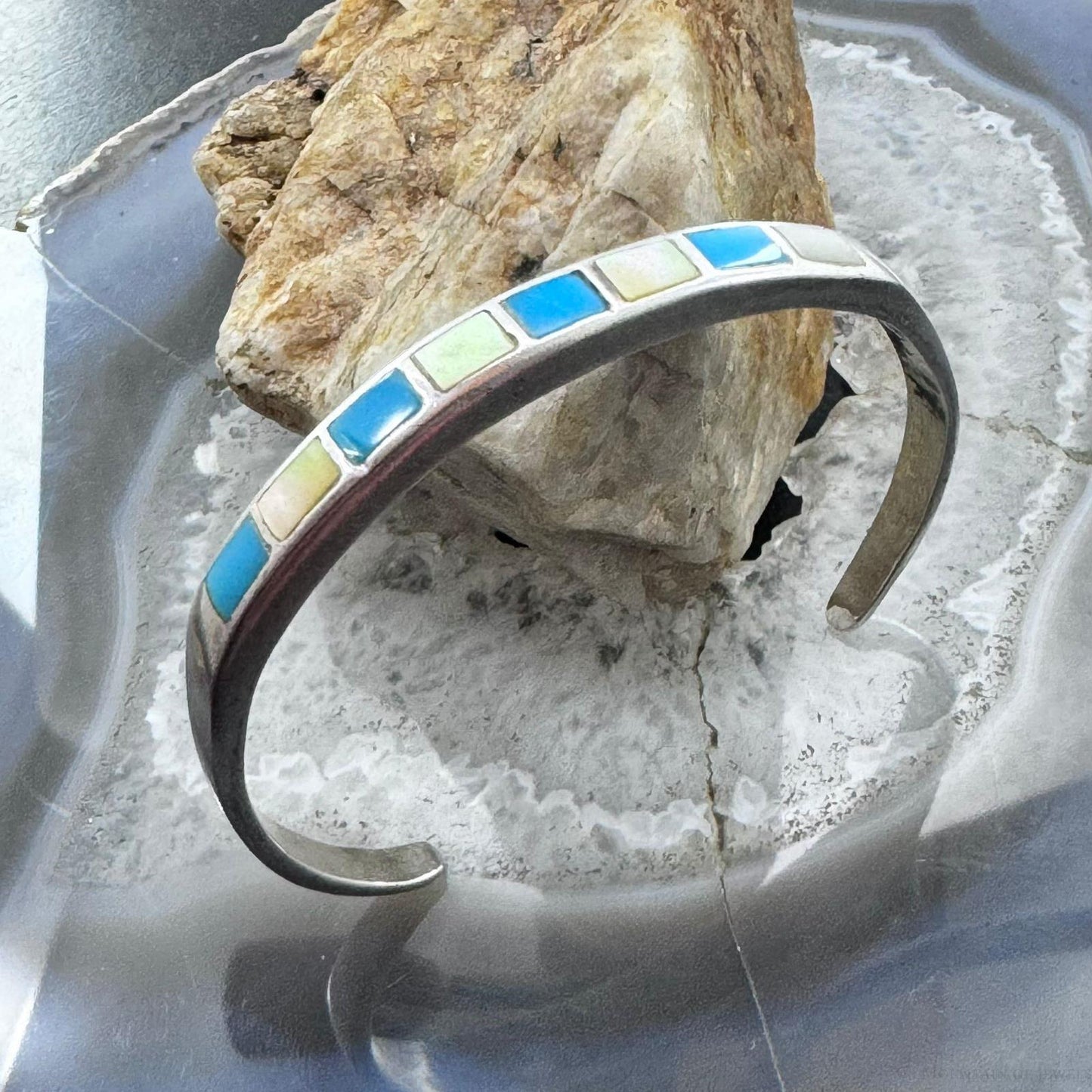 Vintage Native American Silver Turquoise & Mother of Pearl Inlay Bracelet For Women