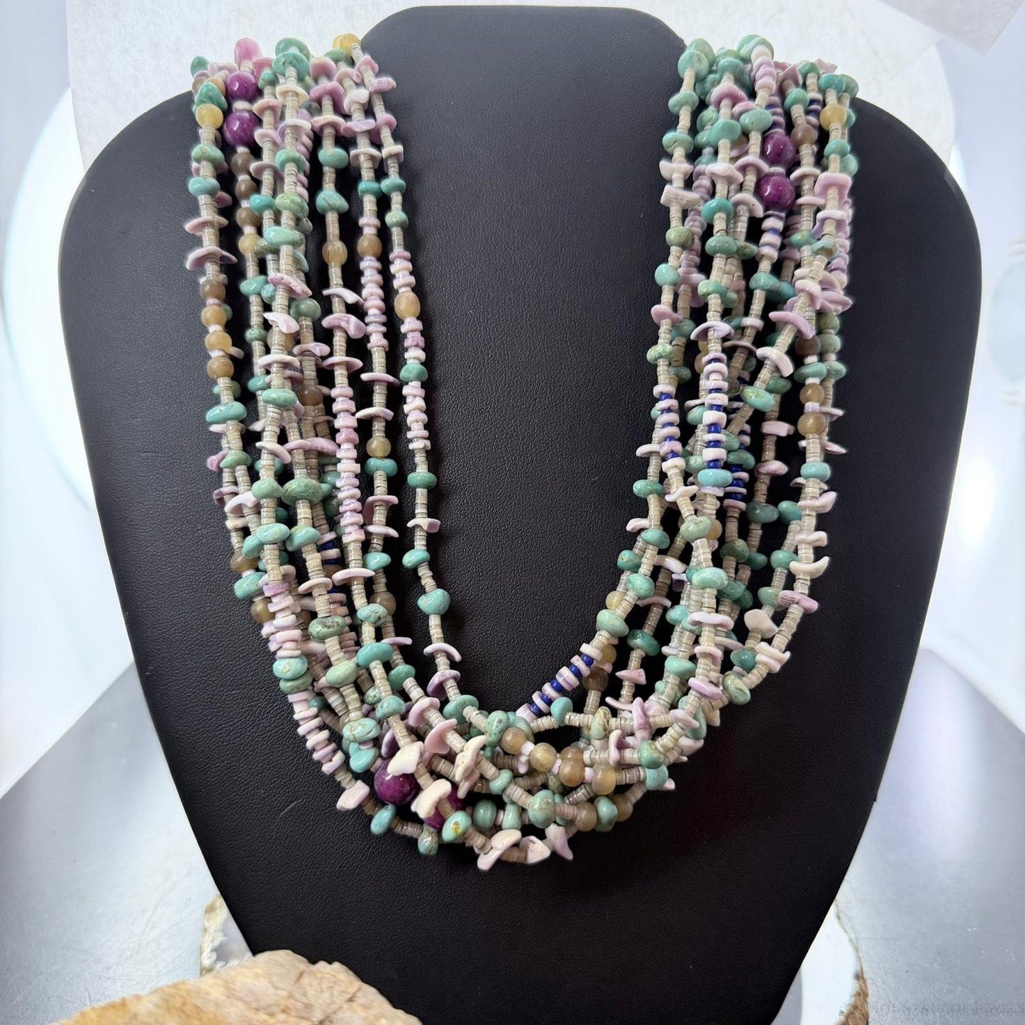 Vintage Native American 10 Strands Heishi and Multistone 30" Necklace For Women