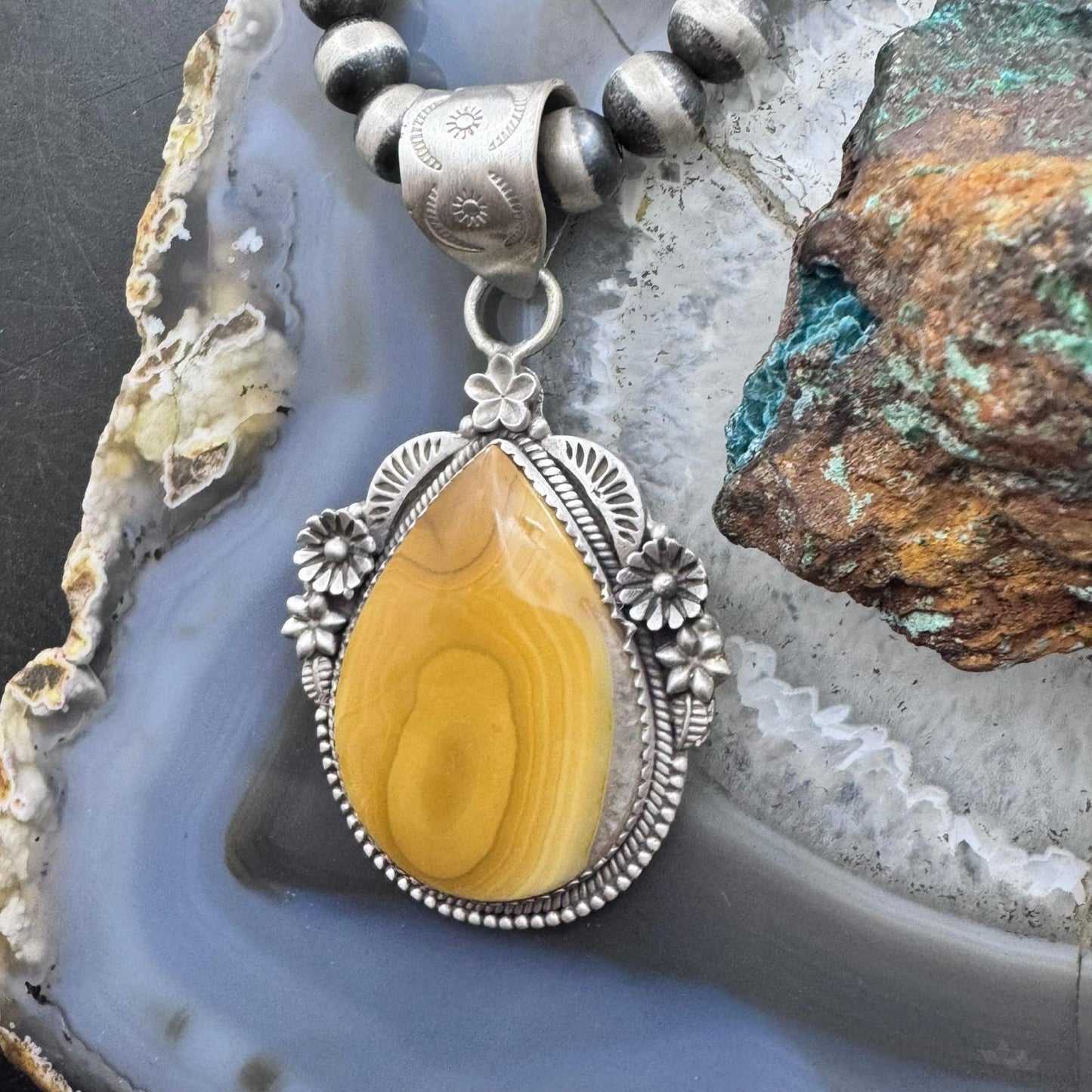 Sterling Silver Southwestern Style Teardrop Banded Agate Decorated Pendant For Women