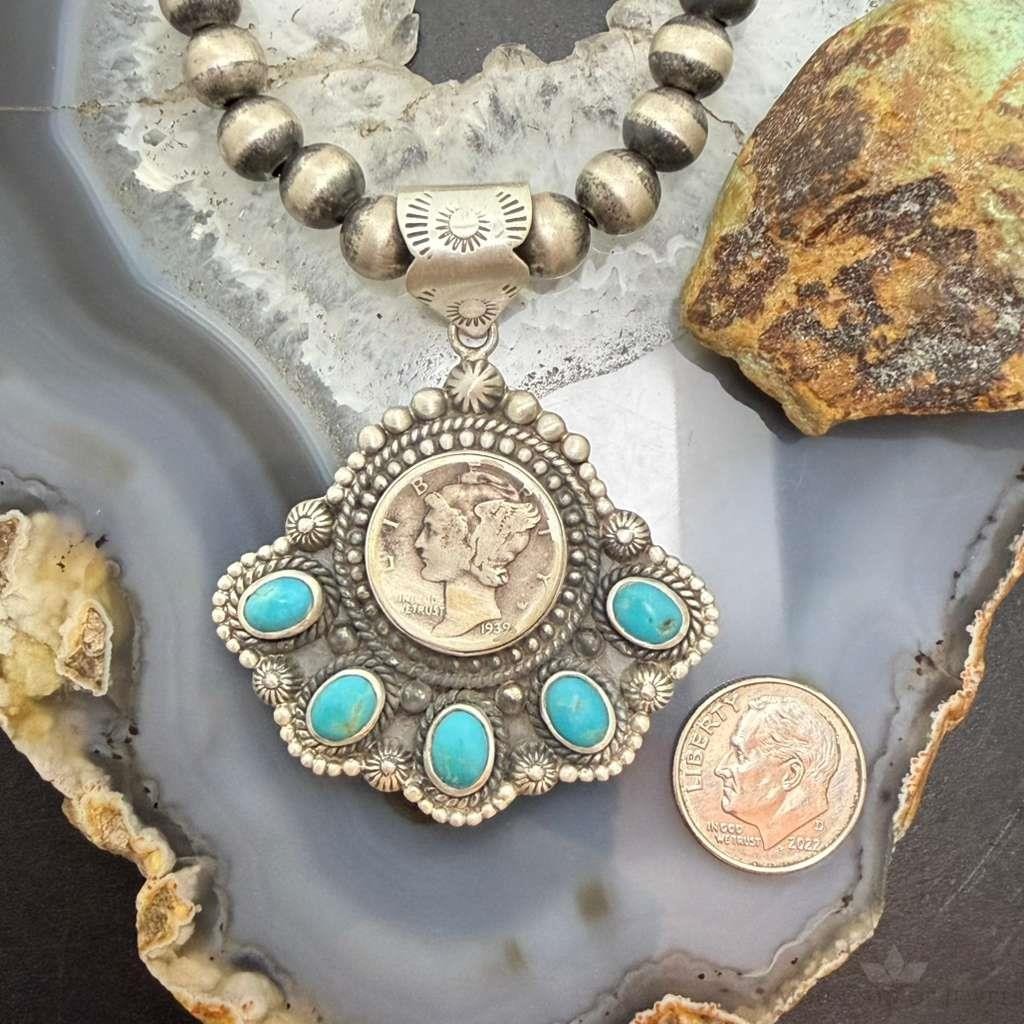 Sterling Silver Southwestern Style 1939 Mercury Dime & Kingman Turquoise Pendant