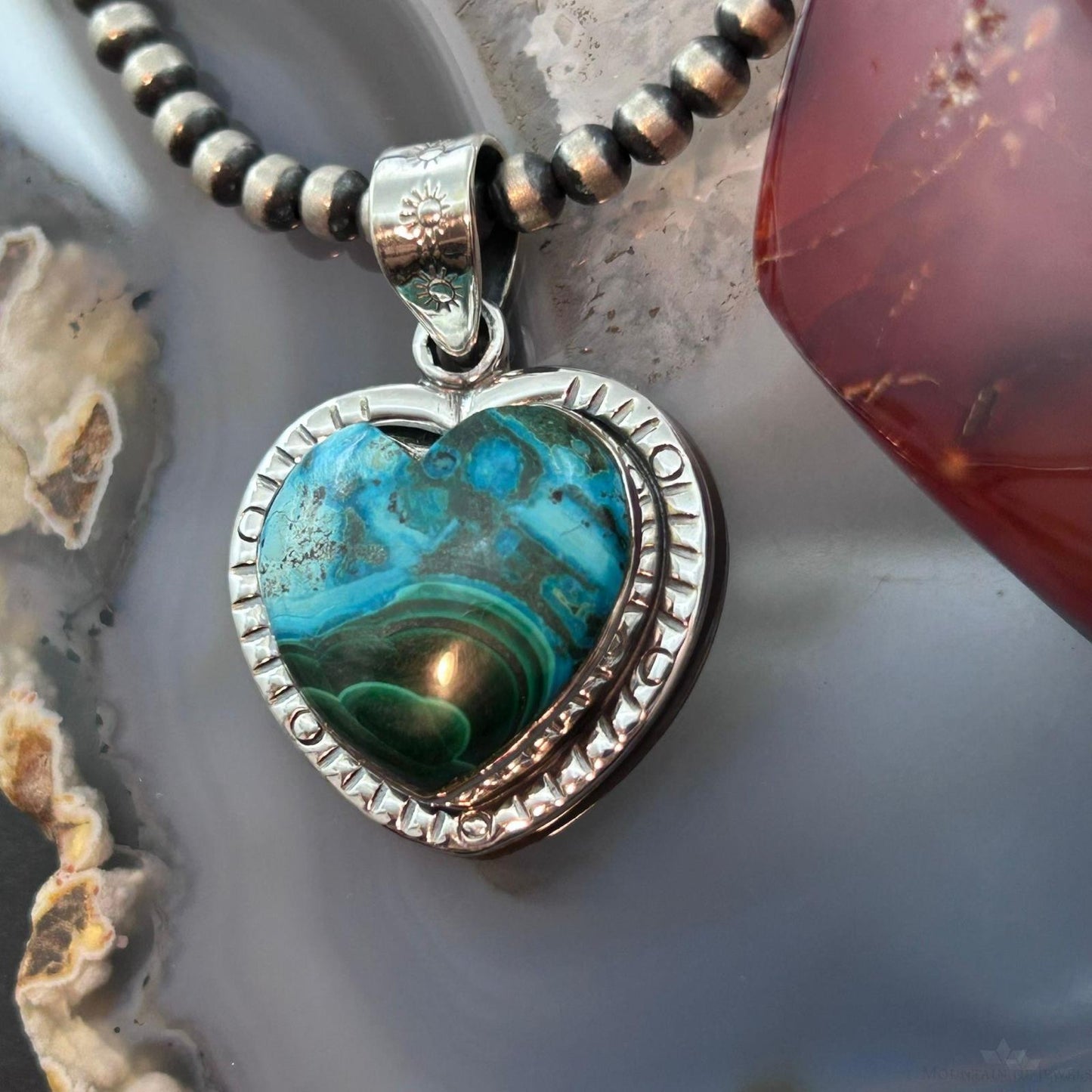 Sterling Silver Southwestern Style Azurite Malachite Decorated Heart Pendant For Women