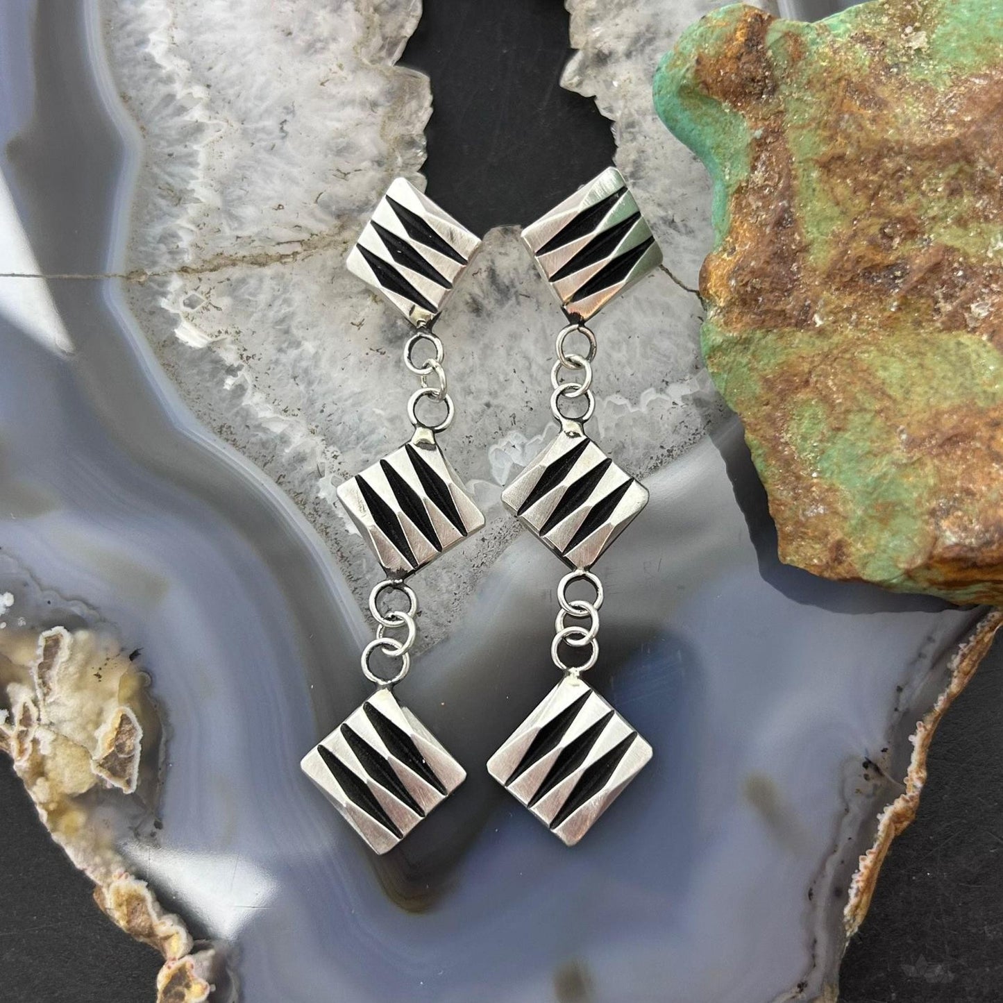 Leander Tahe Native American Sterling Silver 3 Square 3D Geometric Dangle Earrings For Women