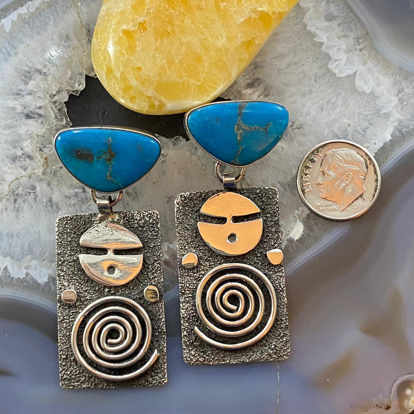 Alex Sanchez Native American Sterling Turquoise Petroglyph Dangle Earrings #2