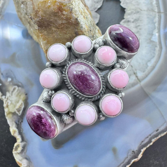 Native American Sterling Silver Pink Conch & Spiny Oyster Cluster Bracelet For Women