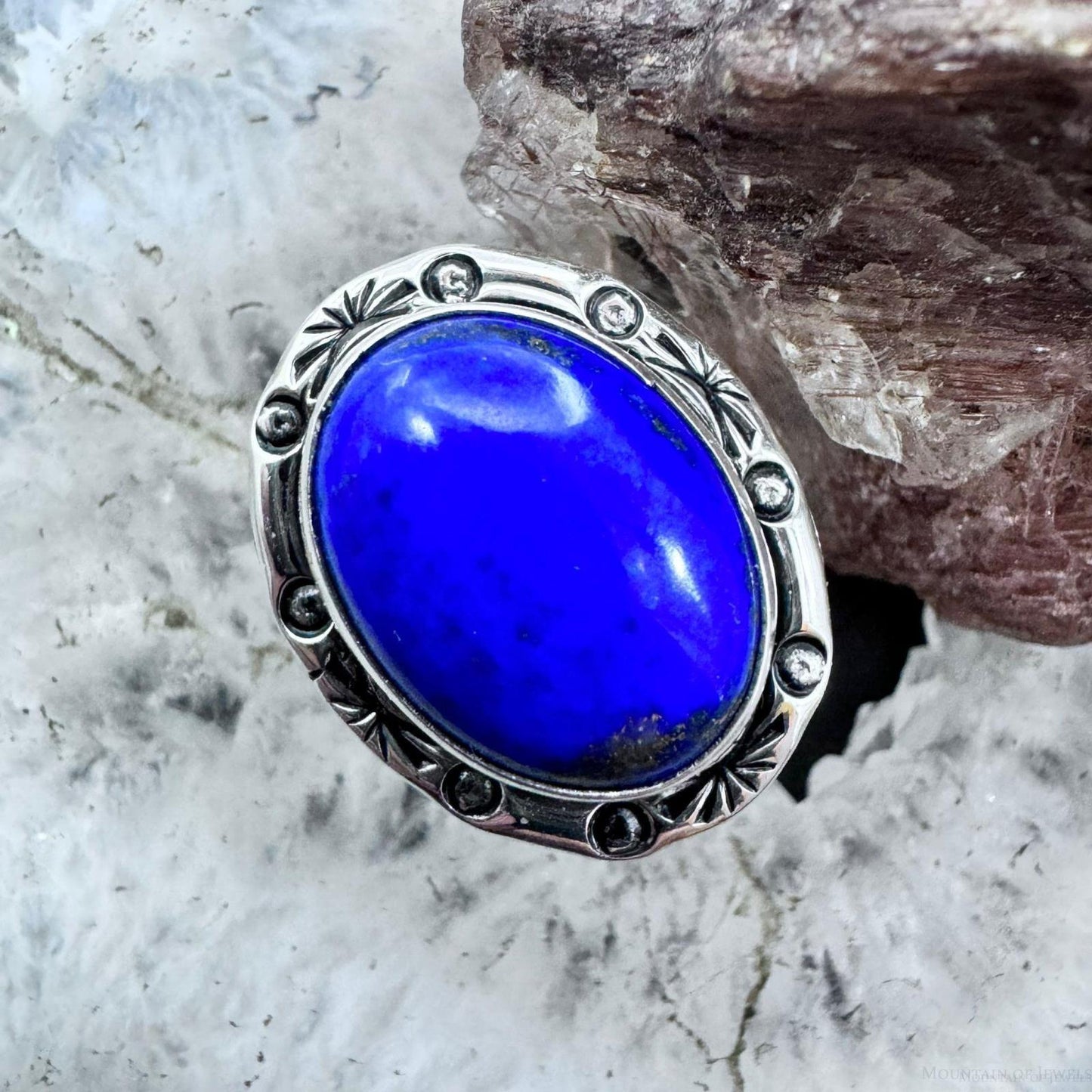 Native American Sterling Silver Oval Lapis Decorated Ring Size 7 For Women