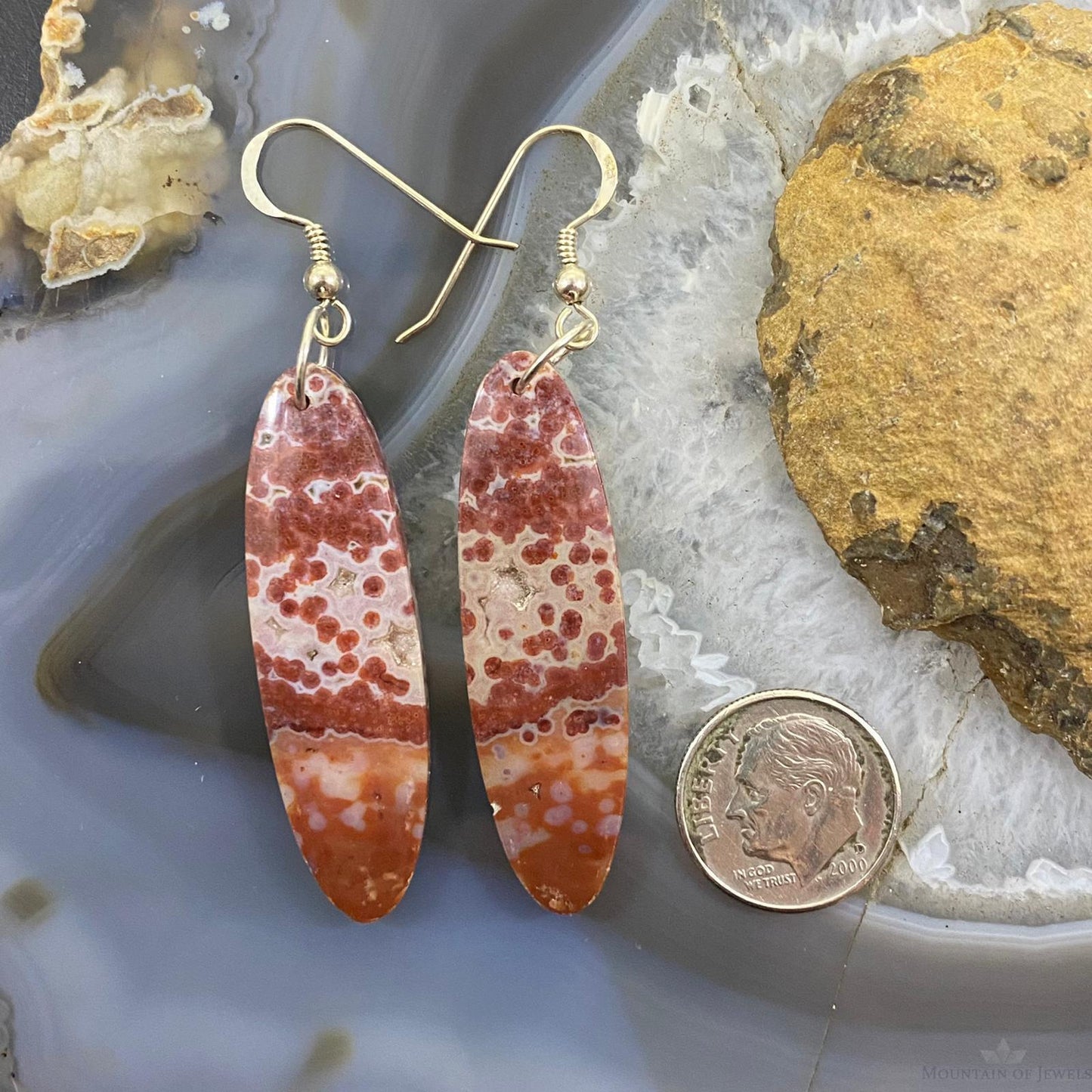 Sterling Silver Oval Red Jasper Slab Dangle Earrings For Women #088