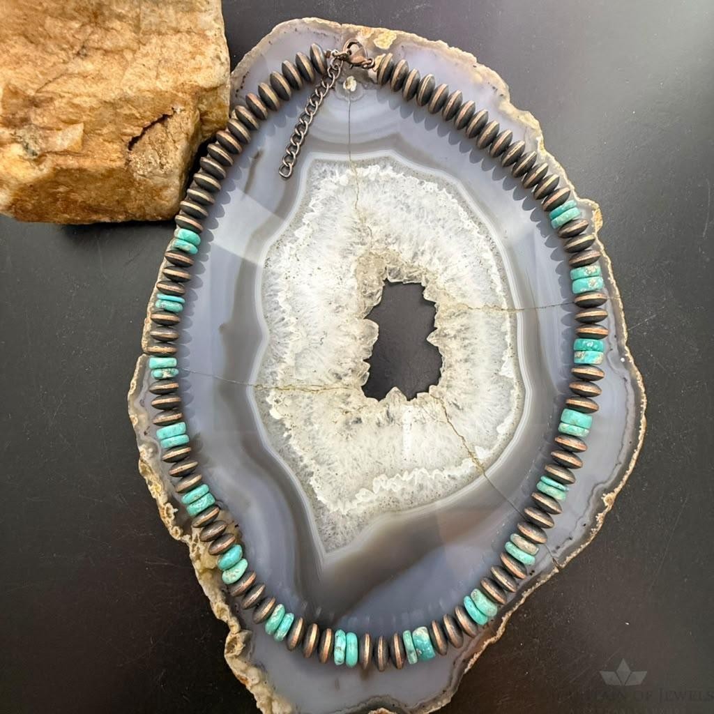 Southwestern Style Copper 8mm Navajo Pearl Saucer & Turquoise Disk Necklace For Women