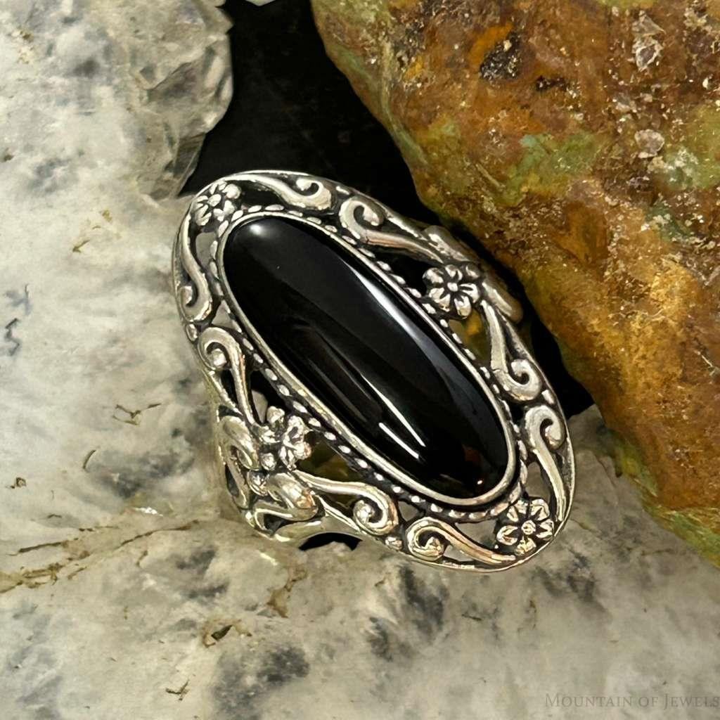 Carolyn Pollack Sterling Silver Oval Onyx Decorated Ring Size 5, 9 For Women