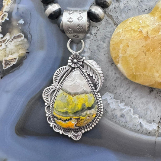 Sterling Silver Southwestern Style Teardrop Bumblebee Jasper Decorated Pendant For Women