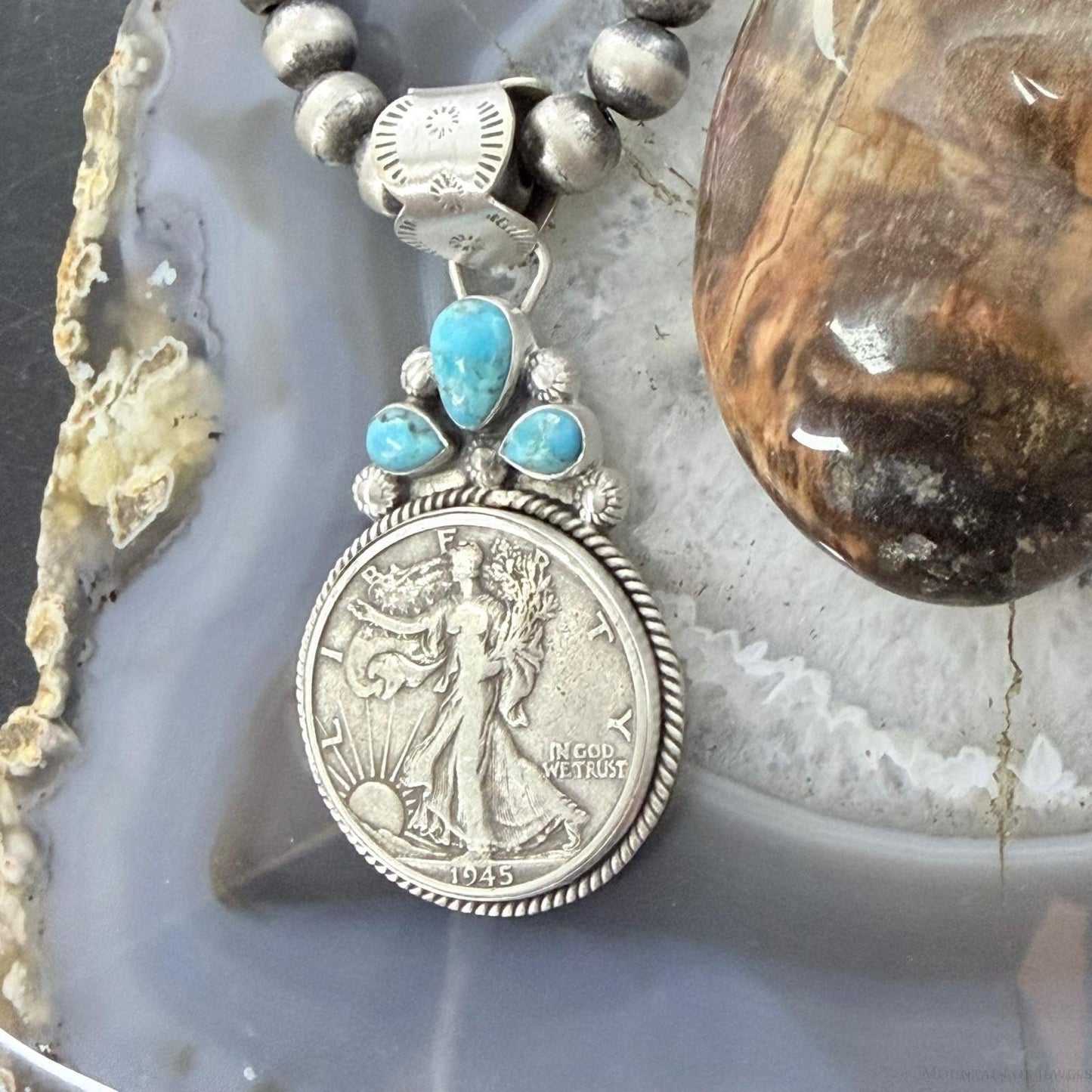 Genuine 1945 90% Walking Liberty Half Dollar Coin Turquoise Decorated Pendant
