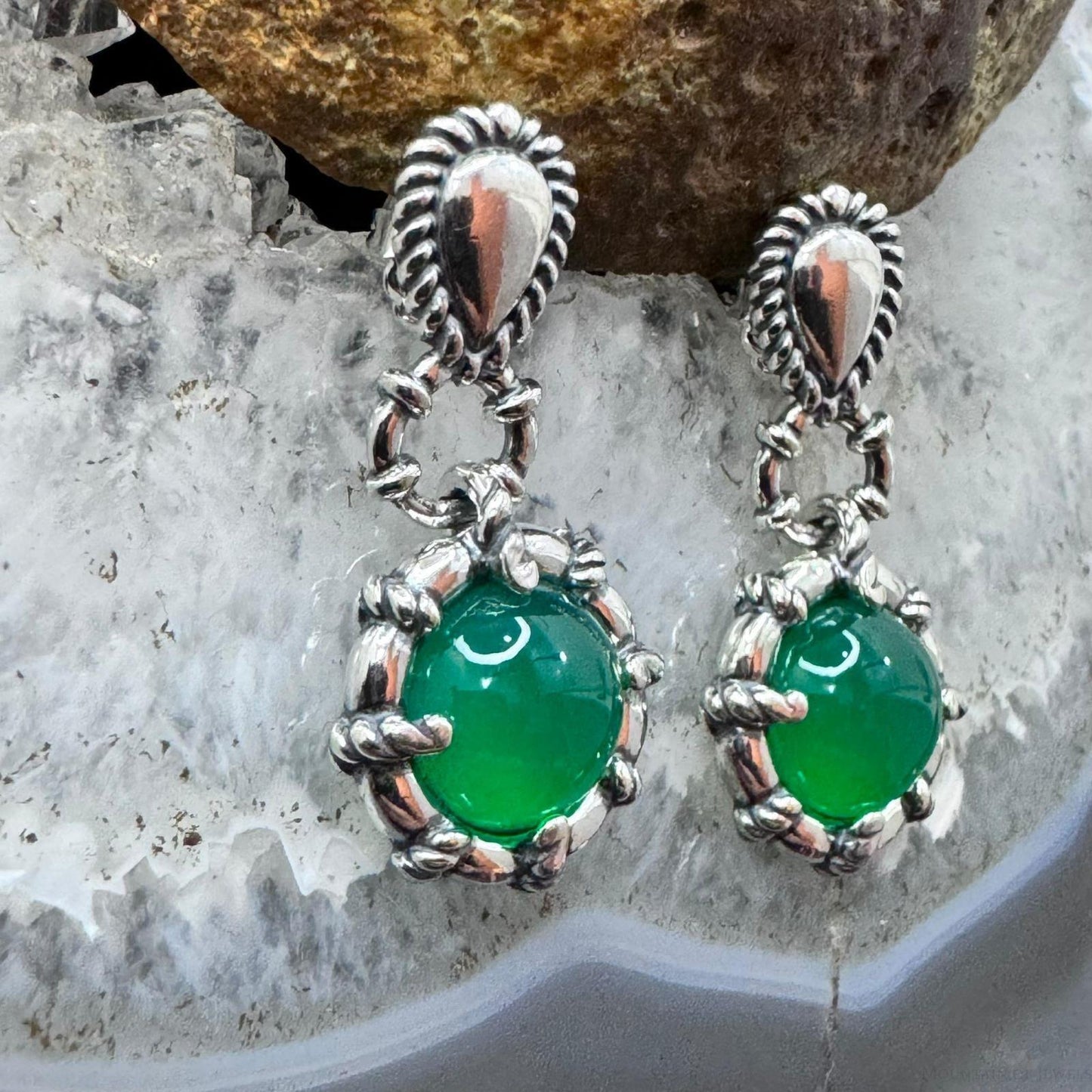 Carolyn Pollack Sterling Silver Round Jade Decorated Dangle Earrings For Women