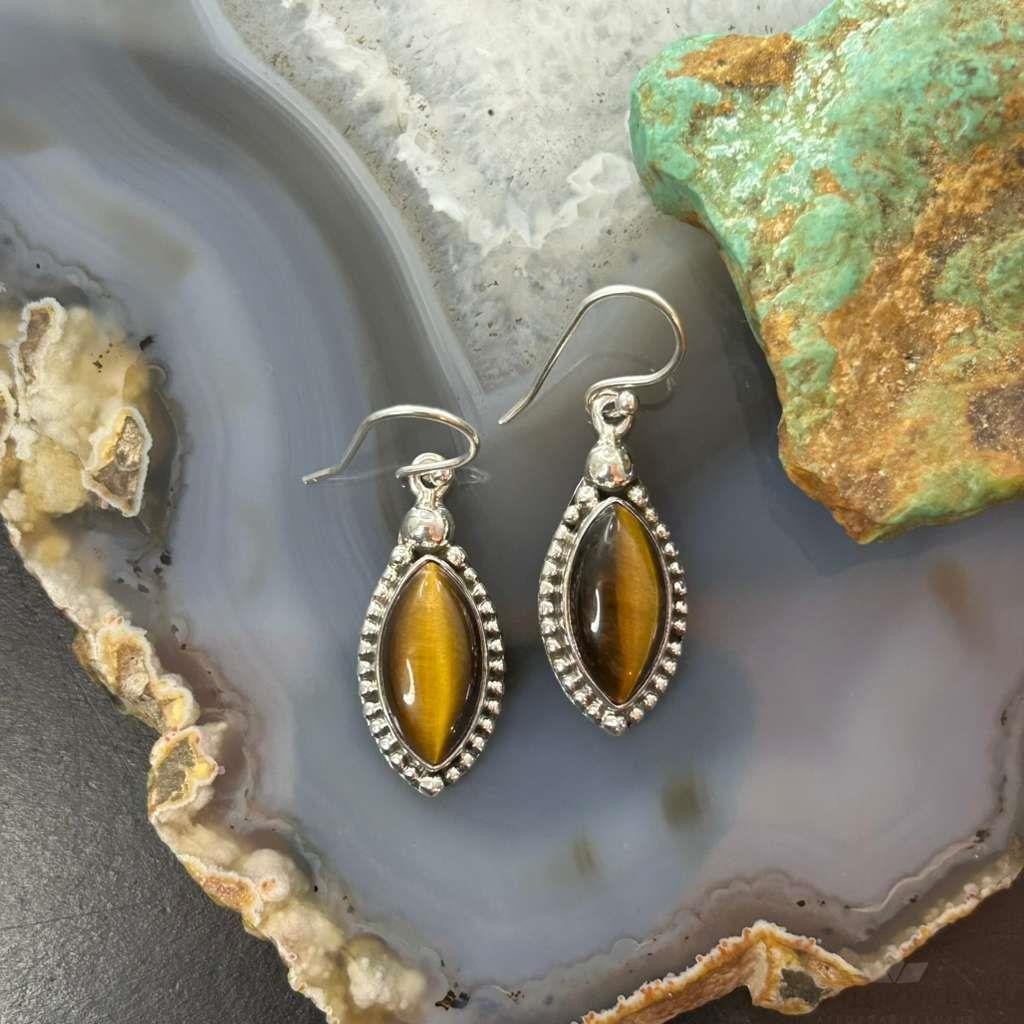 Sterling Silver Southwestern Style Marquise Tiger's Eye Earrings For Women