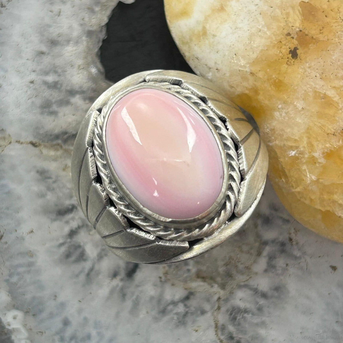 Native American Sterling Oval Pink Conch Decorated Shield Ring Size 11.75 For Men