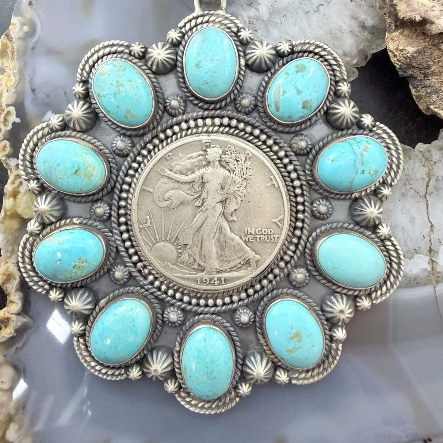 Genuine 1941 90% Silver Walking Liberty Half Dollar Coin w/Turquoise Unisex Pendant