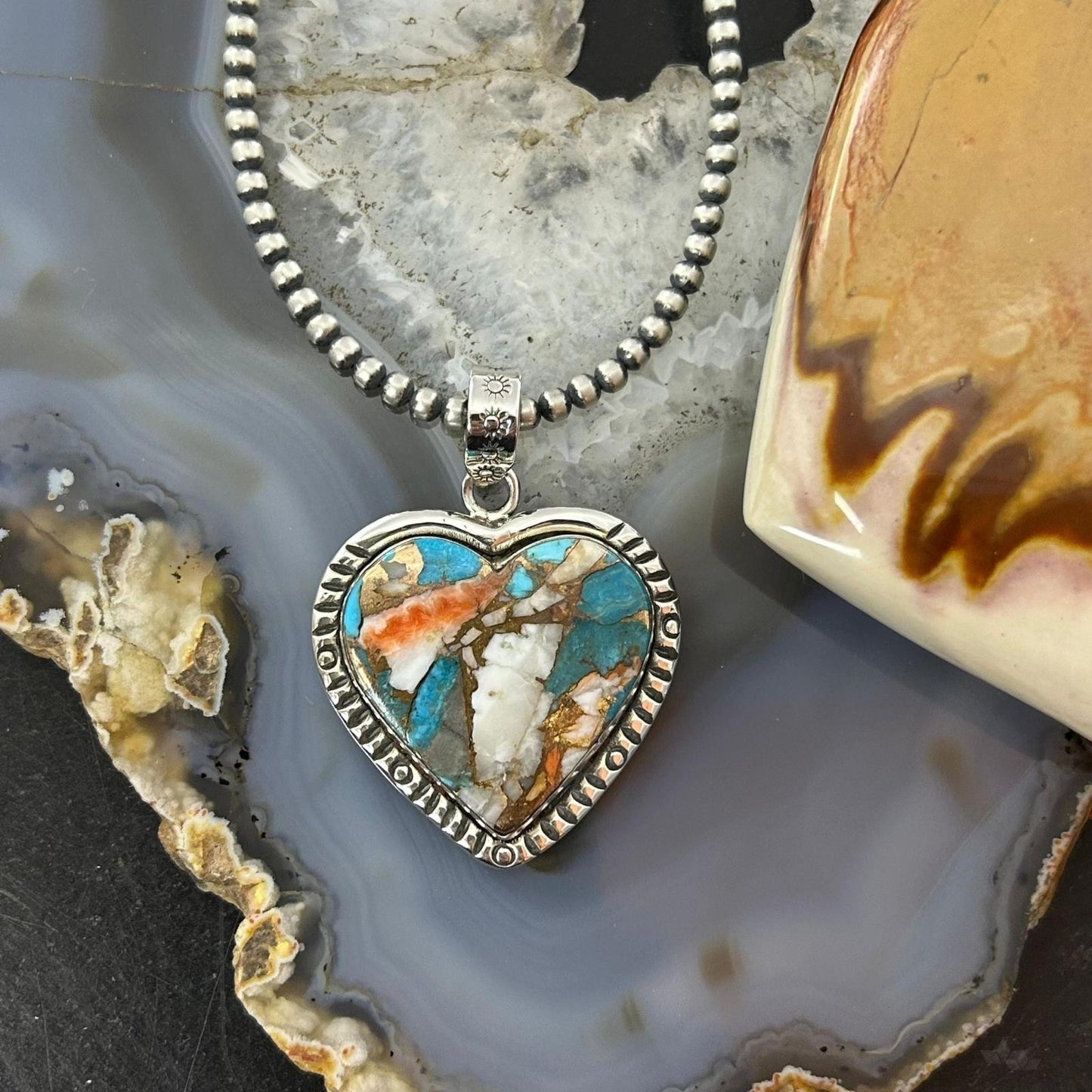 Sterling Silver Southwestern Style Turquoise Spiny Oyster Heart Pendant For Women