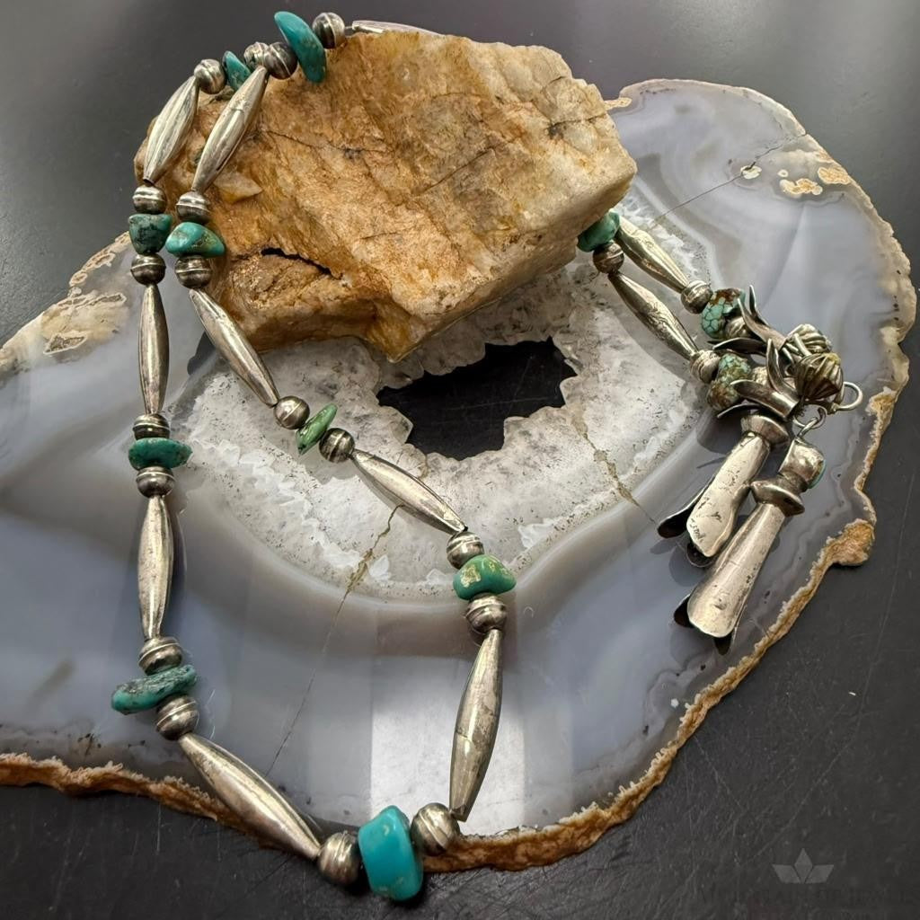 Vintage Native American Silver Navajo Pearl Bead & Turquoise Necklace For Women