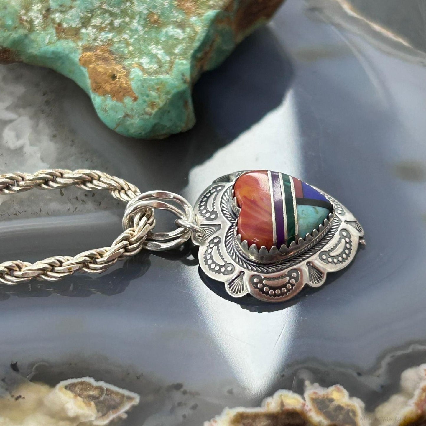 QT Quoc Sterling Silver Southwestern Style Multistone Inlay Heart Pendant For Women