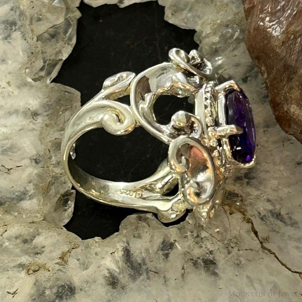 Carolyn Pollack Sterling Silver Faceted Amethyst Decorated Ring Size 6, 9 For Women