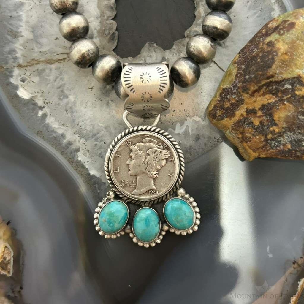 Genuine 1944 90% Silver Mercury Dime Coin Mohave Turquoise Unisex Pendant