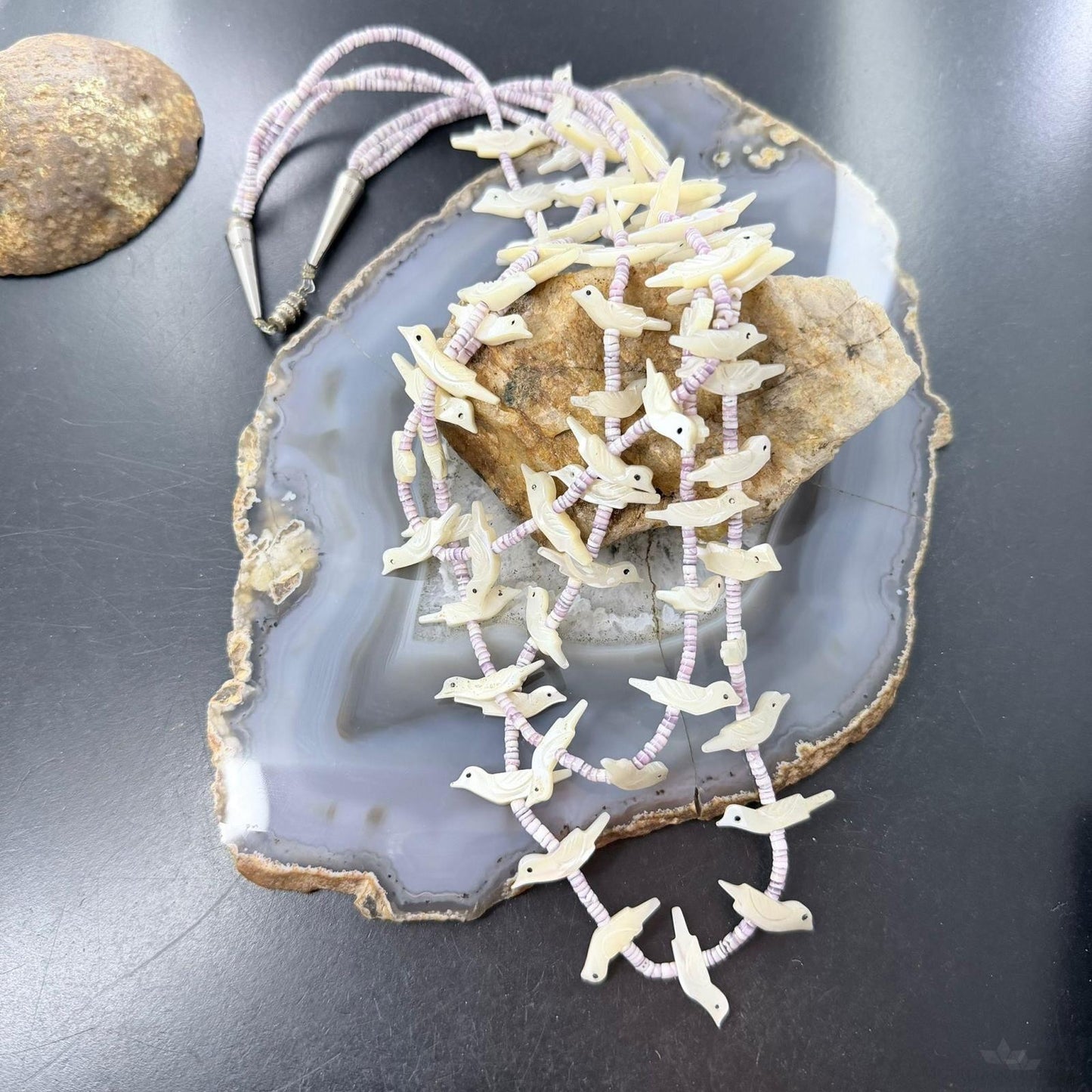Vintage Sterling Silver 3 Strands White Shell Carved Birds & Shell Necklace For Women