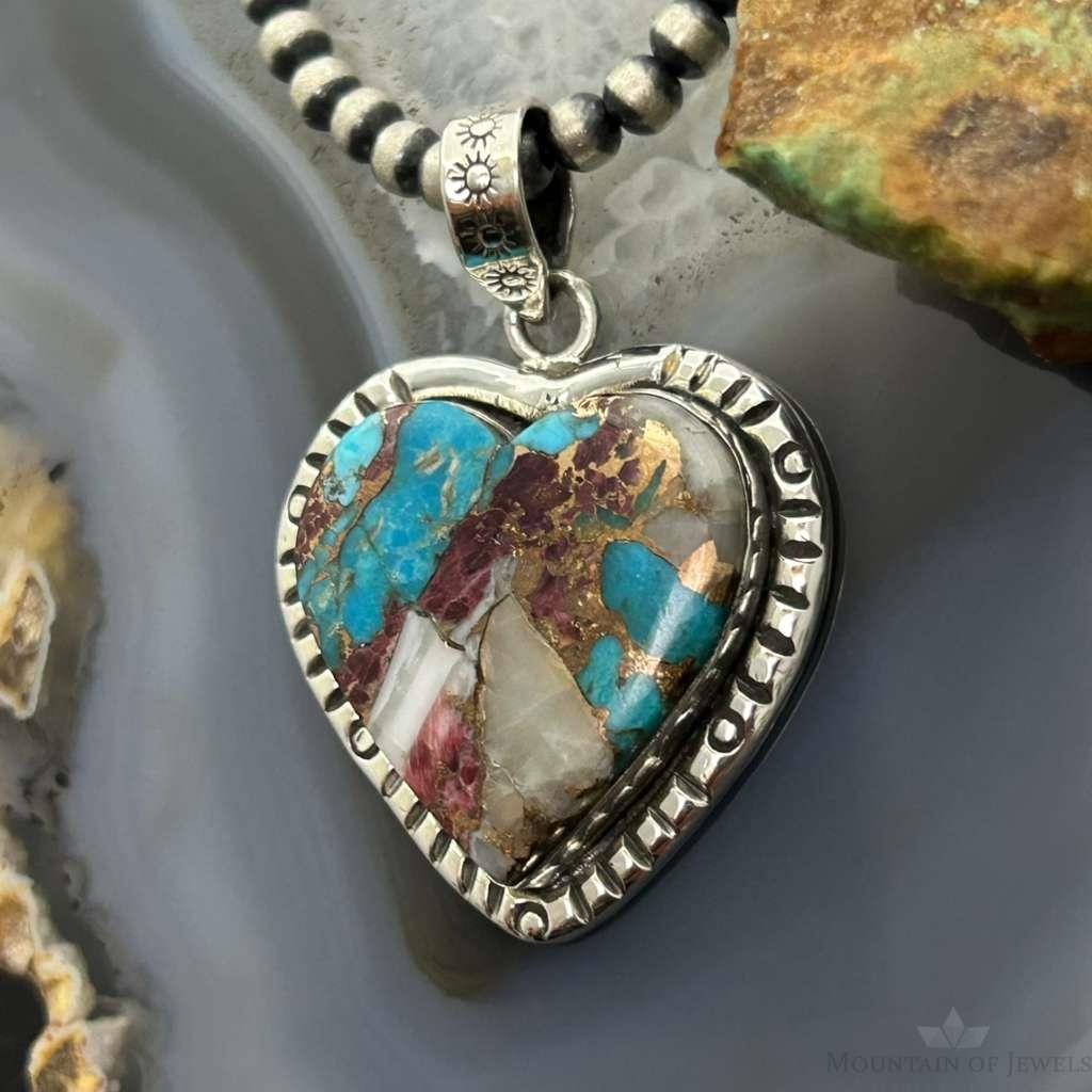 Sterling Southwestern Style Turquoise Spiny Oyster Heart Pendant For Women #2