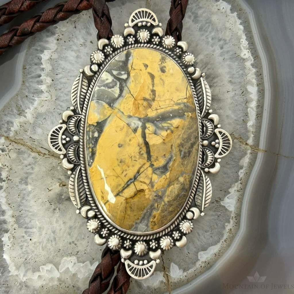 Sterling Silver Southwestern Style Large Oval Picture Jasper Decorated Bolo Tie For Men