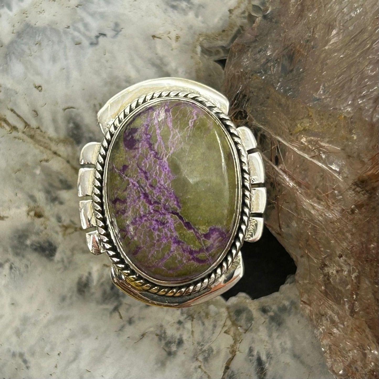 Sterling Silver Southwestern Style Oval Stichtite Decorated Ring Size 8.5 For Women