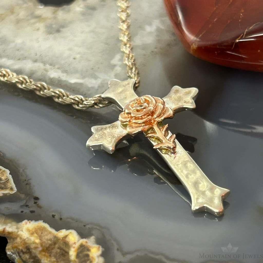 Sterling Silver Hammered Decorated Cross Pendant with Copper Rose For Women