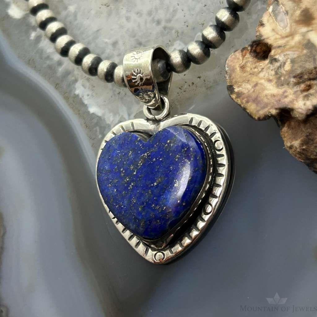 Sterling Silver Southwestern Style Lapis Heart Decorated Pendant For Women #4