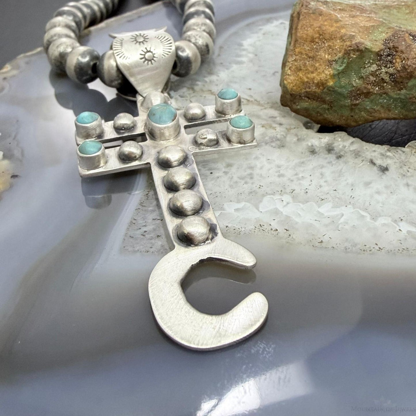 Sterling Silver Southwestern Style Cross with Turquoise Decorated Unisex Pendant