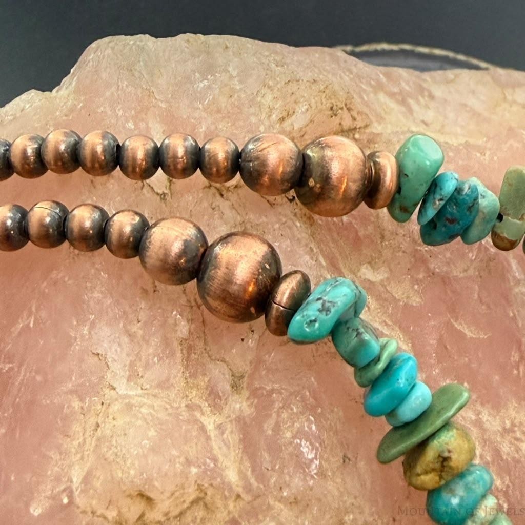 4.5-8mm Copper Navajo Pearl Round,Saucer & Natural Turquoise 18" Necklace For Women