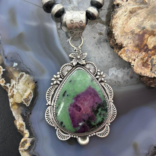 Sterling Silver Southwestern Style Teardrop Ruby Zoisite Pendant For Women