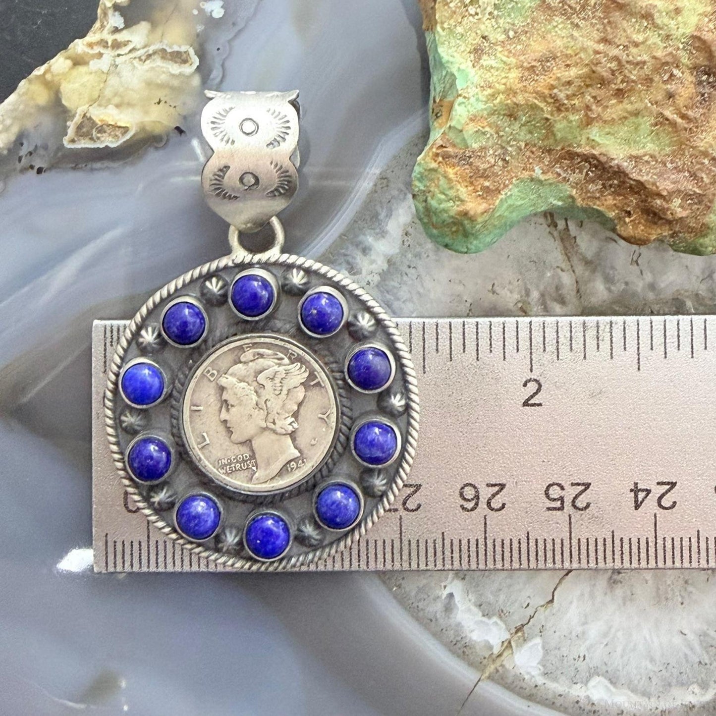 Genuine 1941 90% Silver Mercury Dime Coin w/Lapis Decorated Unisex Pendant