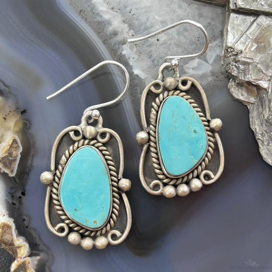 Sterling Silver Southwestern Style Turquoise Decorated Dangle Earrings For Women #2