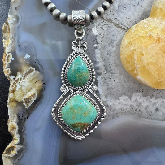 Sterling Silver Southwestern Style 2 Turquoise Decorated Pendant For Women