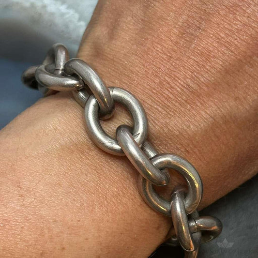 Signed Vintage Heavy Silver Chunky Oval Link 8" Fashion Bracelet For Women