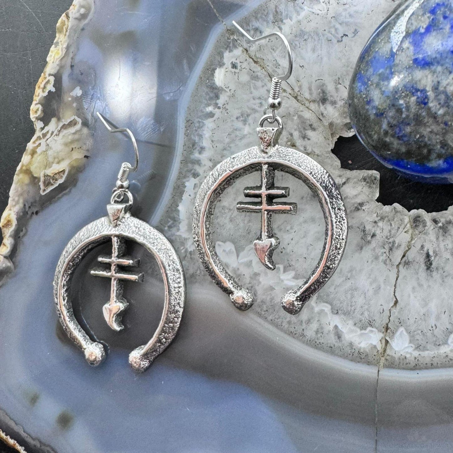 Gary Custer Sterling Tufa Cast Naja w/Native Cross Dangle Earrings For Women