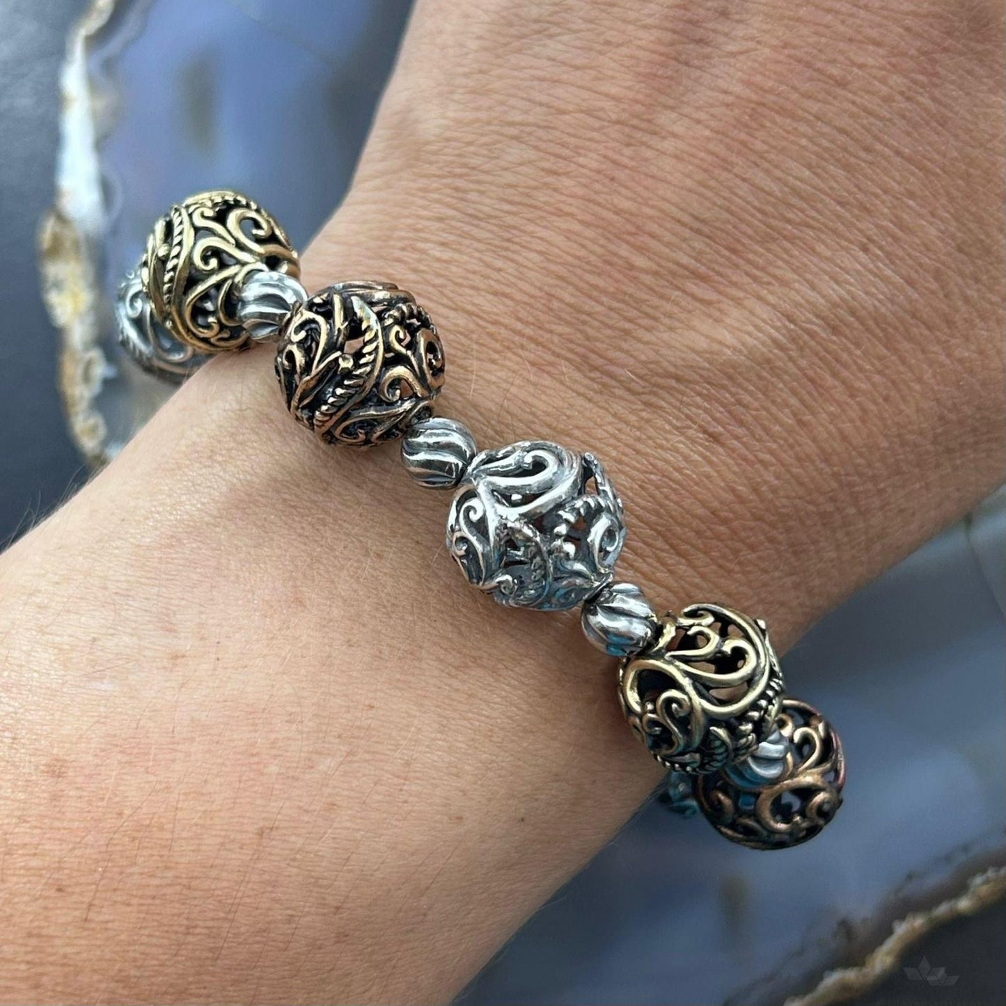 Carolyn Pollack Sterling Silver, Brass, Copper Decorated Swirl Beads Bracelet For Women