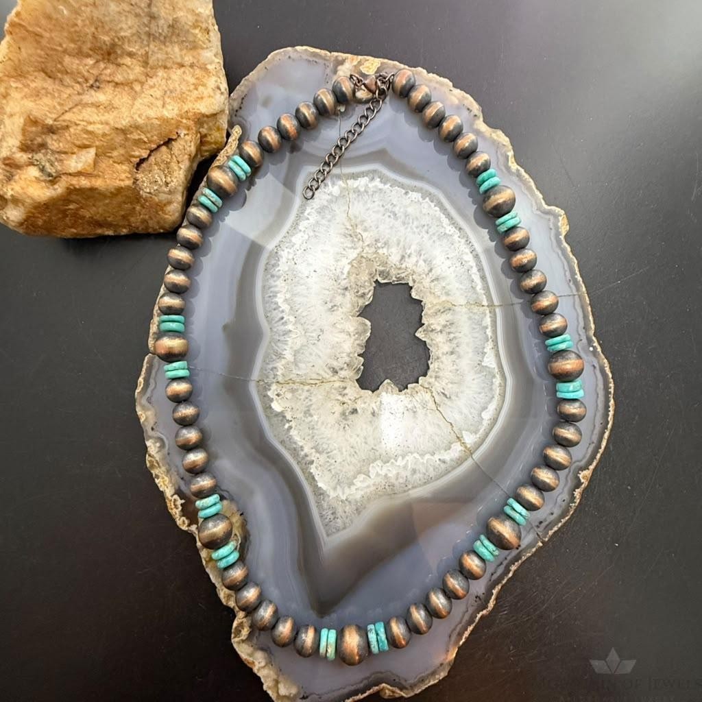 Southwestern Style Copper 8-10mm Navajo Pearl Beades &Turquoise Disk Necklace For Women