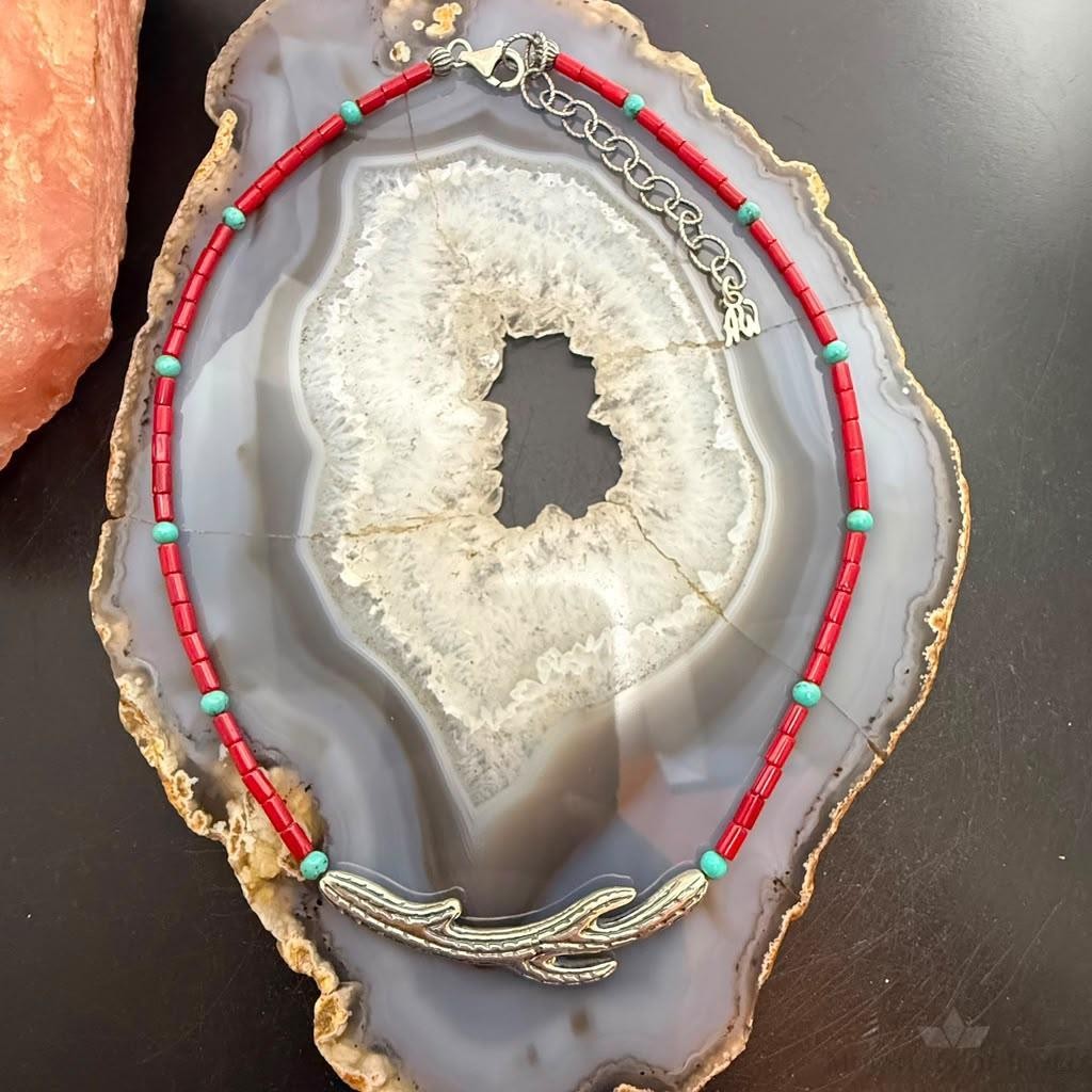 Carolyn Pollack Sterling Silver Cactus Pendant on Coral 14"-17" Necklace For Women