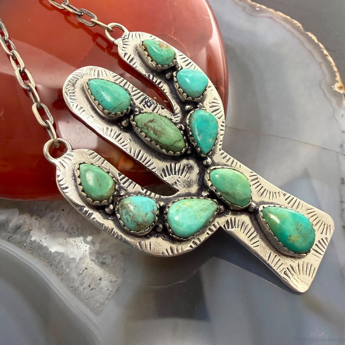 Sterling Southwestern Style Kingman Turquoise Cactus Pendant 22.5" Necklace