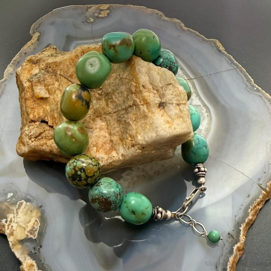 Vintage Sterling Silver 12 Large Turquoise Beads 6.75" Bracelet For Women