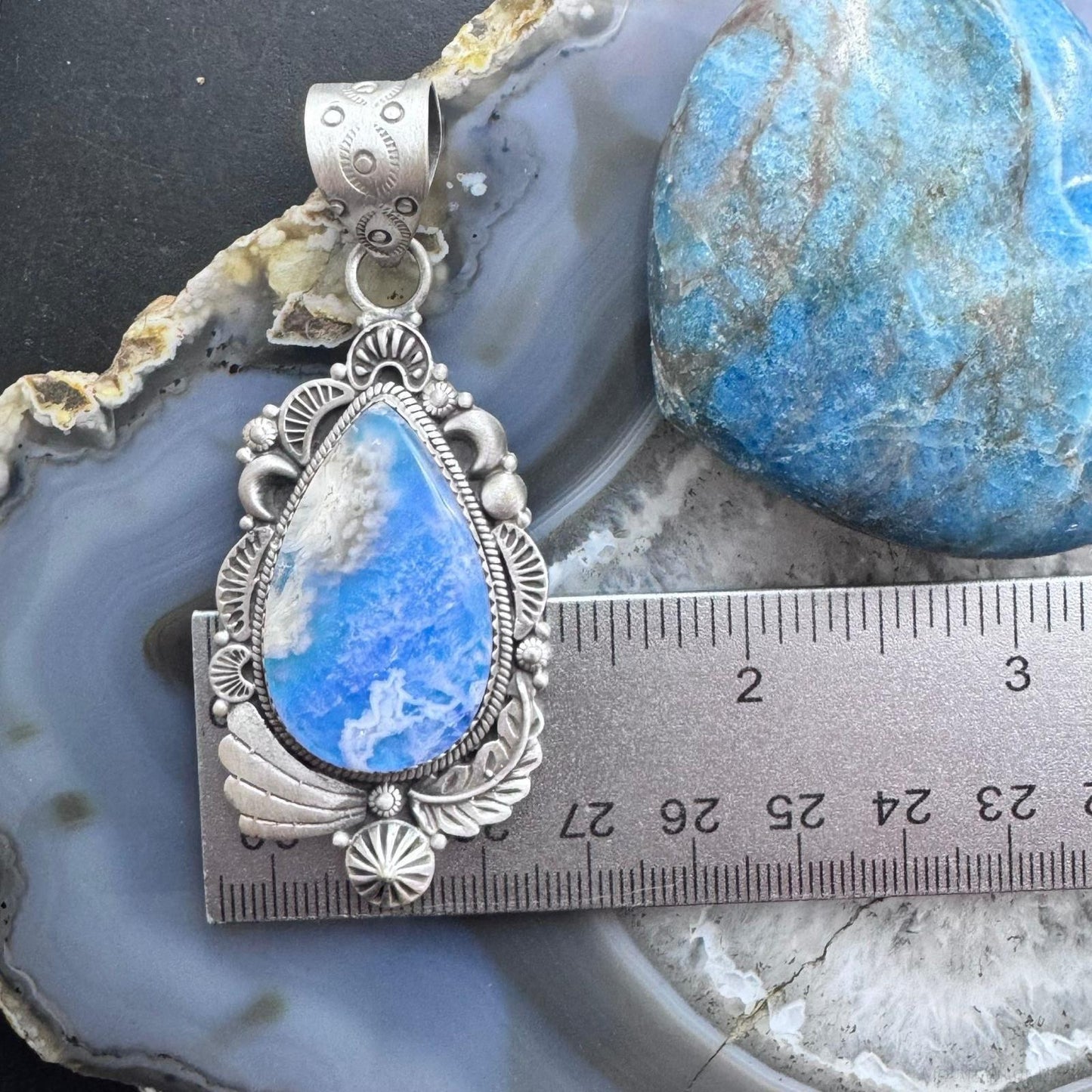 Sterling Silver Southwestern Style Teardrop Plume Doublet Agate Decorated Pendant For Women
