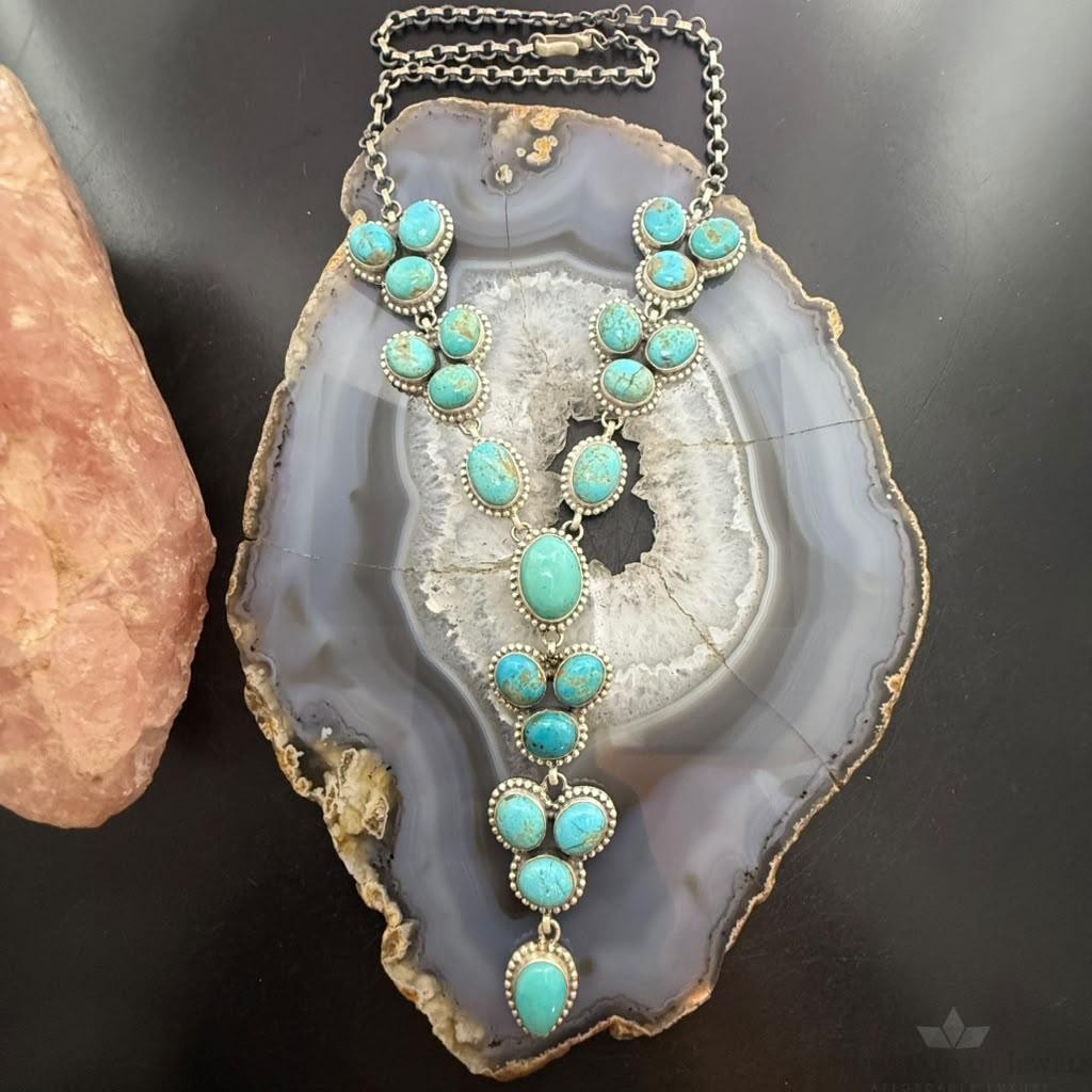 Sterling Silver Southwestern Style KingmanTurquoise Lariat Cluster 23" Necklace For Women