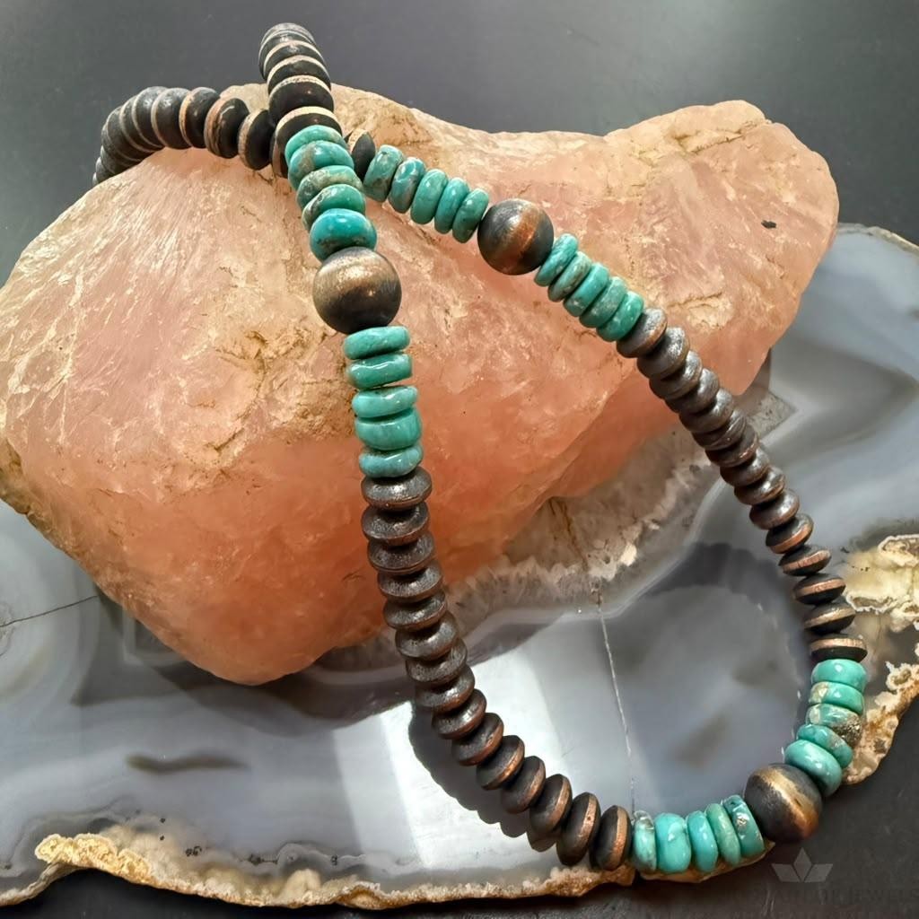 Southwestern Style 8-10mm Copper Navajo Pearl Round,Saucer & Turquoise Necklace For Women