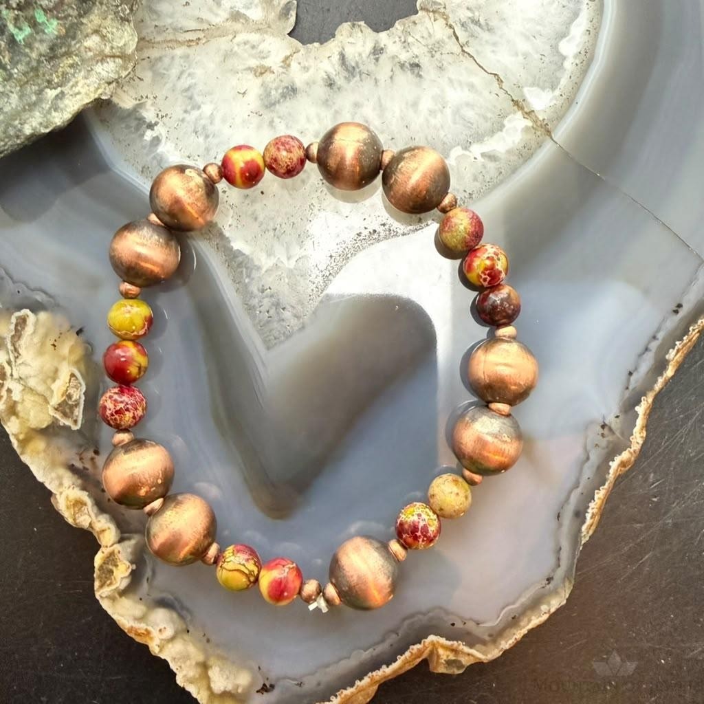 Southwestern Style 6-9.5mm Copper Navajo Pearl Beads & Sediment Jasper Stretch Bracelet For Women
